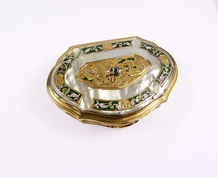 Louis XV cartouche shaped gold mounted mother-of-pearl and enamel box